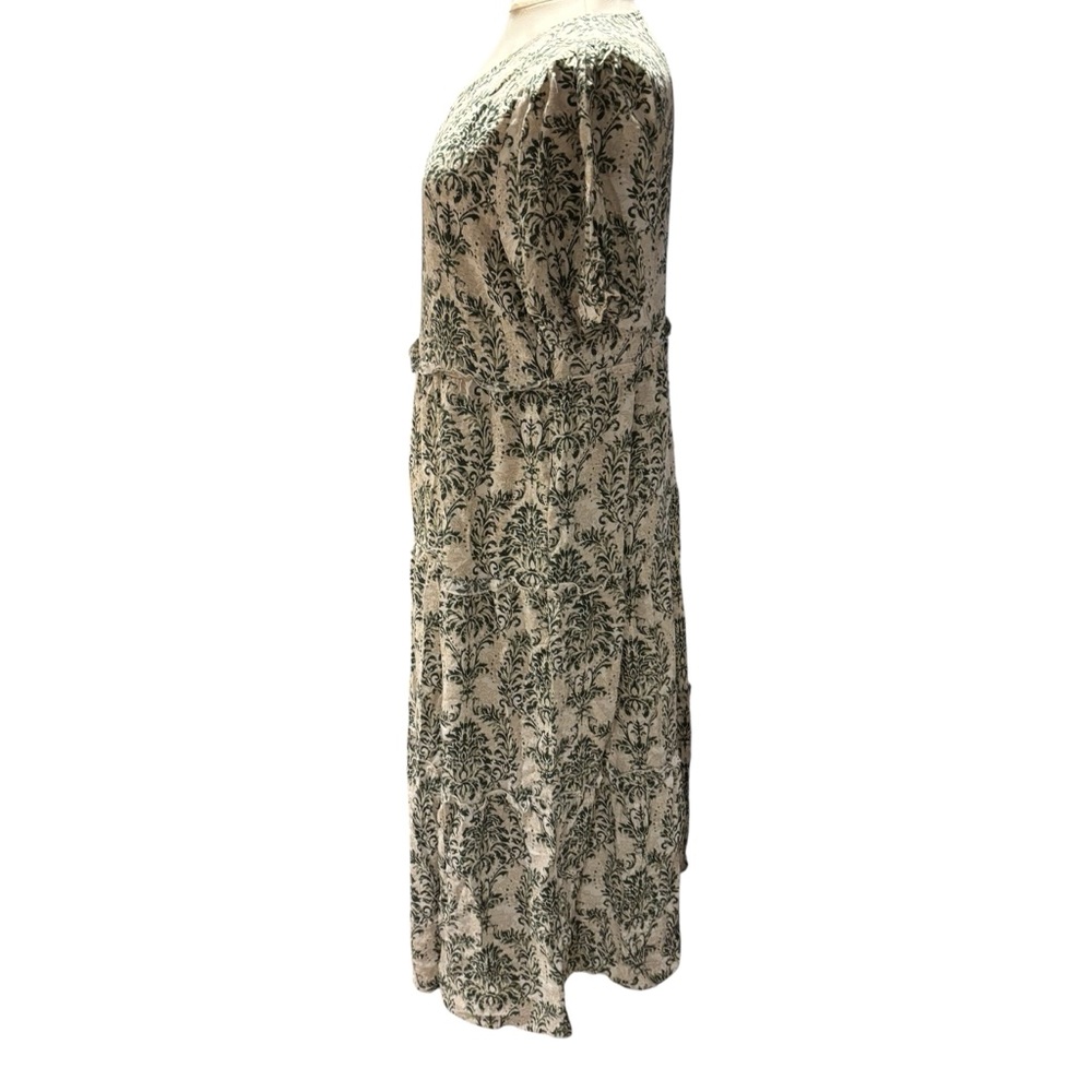 Green Damask Tiered Midi Dress Short Puff Sleeve Cotton Blend Pockets Cream #747 - Picture 4 of 9